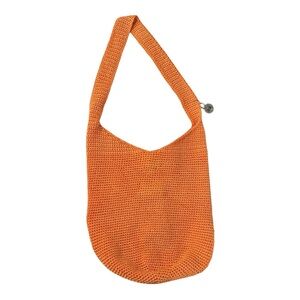 The Sak Crochet Knit Shoulder Bucket Hobo Bag Purse Orange With Charm EUC